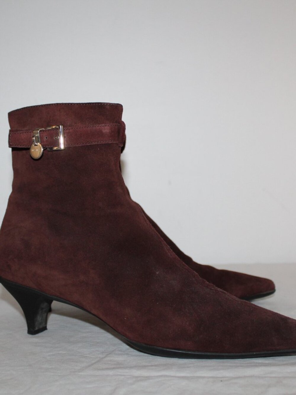 PRADA Brown Suede Side Zip Kitten Heeled Booties Ankle Boots 40